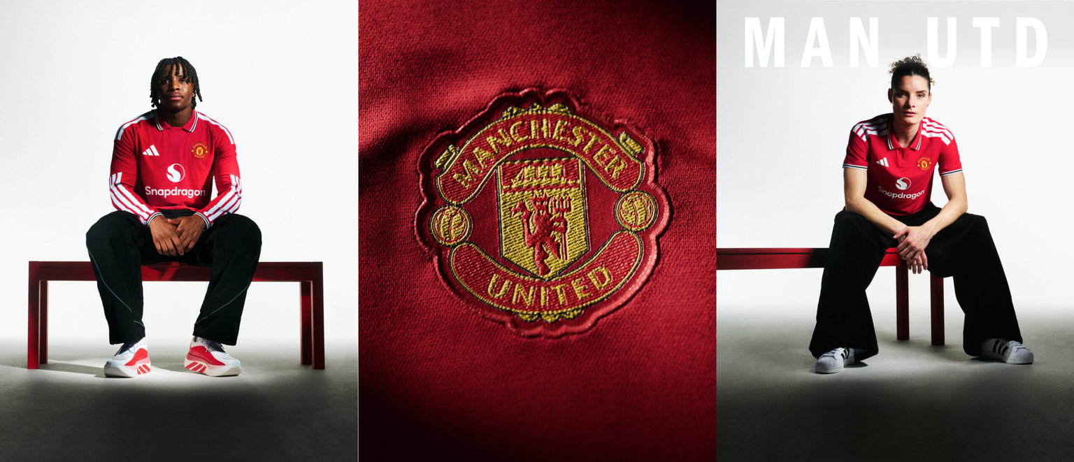 Visual featuring Manchester United players wearing the new Manchester United 26/27 Home Kit