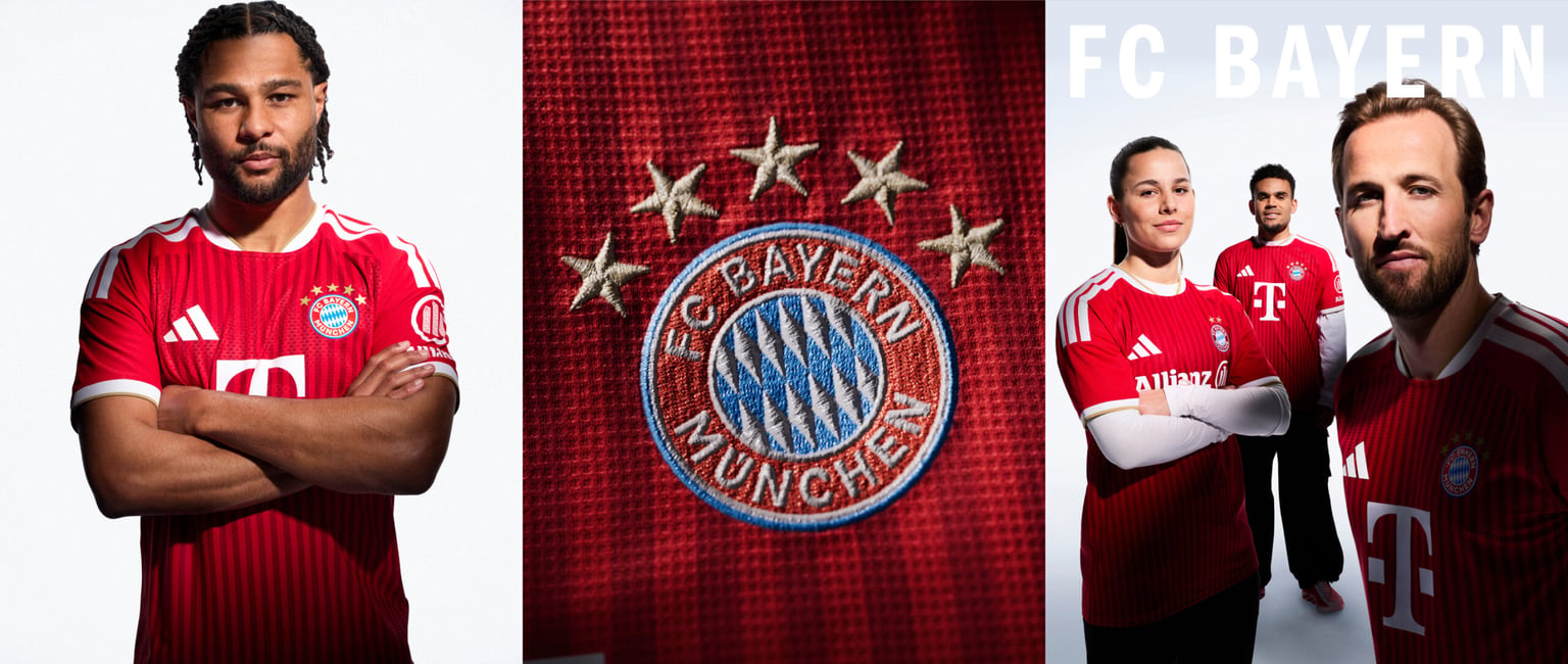 Visual featuring FC Bayern players wearing the new FC Bayern 26/27 Home Kit